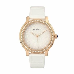 Bertha Cora Crystal Encrusted White Leather Band Watch Rose Gold New w/Box & COA